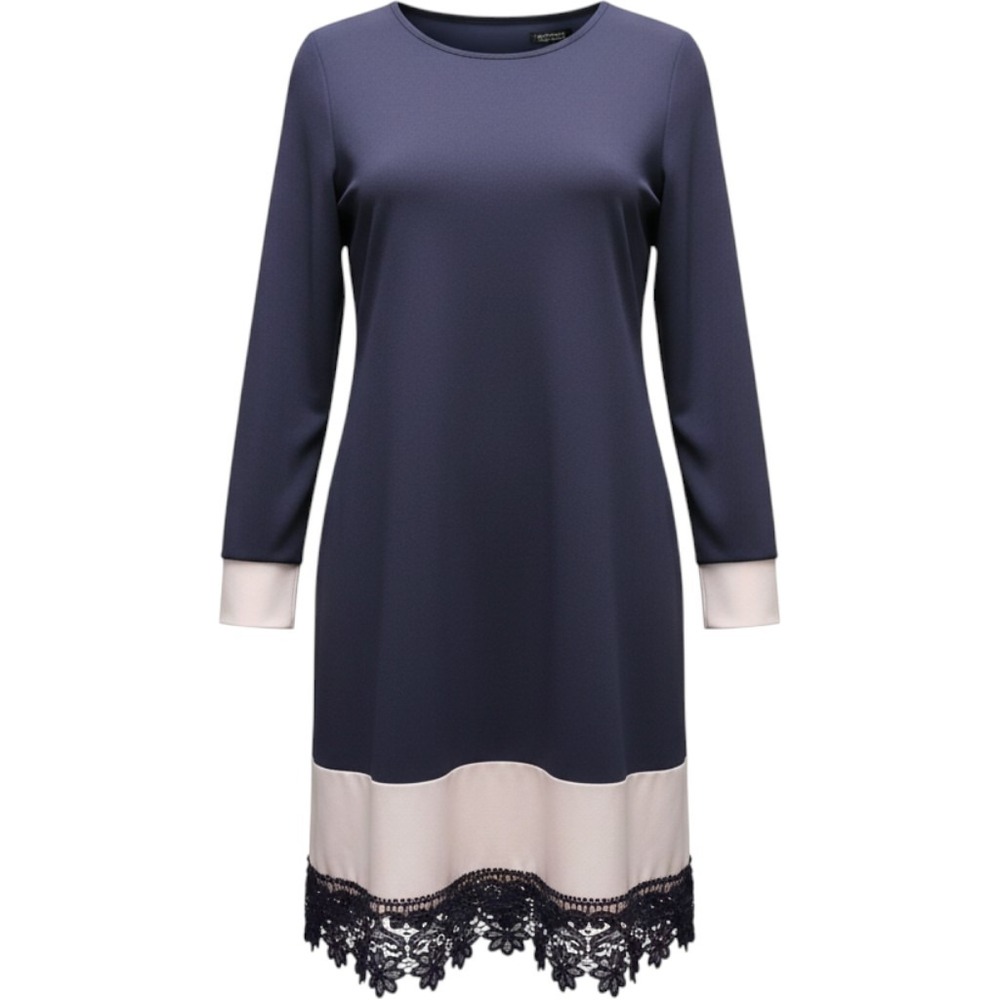 Womens Navy Blue Color Block Lace Trim Long Sleeve Shift Dress Mini